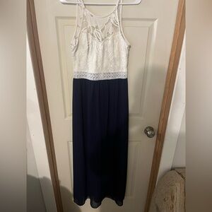 Iz Byer Lace Top Midi Dress in White and Navy